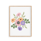 A paint by number kit depicting a floral design with numbered canvas paper, acrylic paints, and brushes.